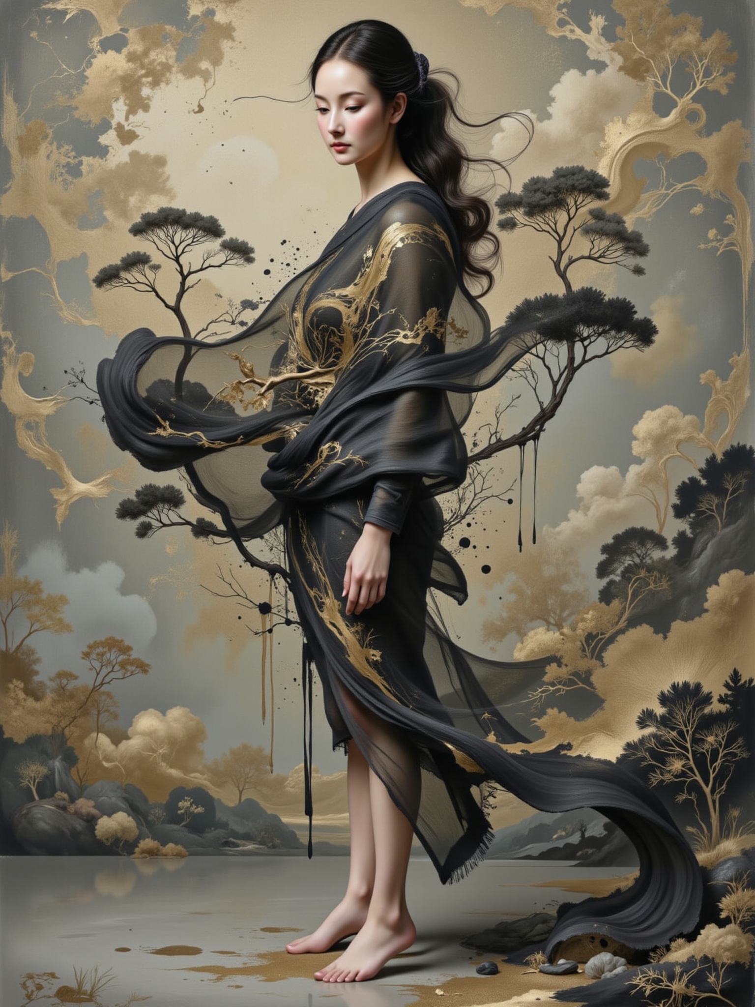 Surreal digital illustration painting in the style of Asa CHEN,  Mystical beauty stands barefoot,  shrouded in charcoal pe...