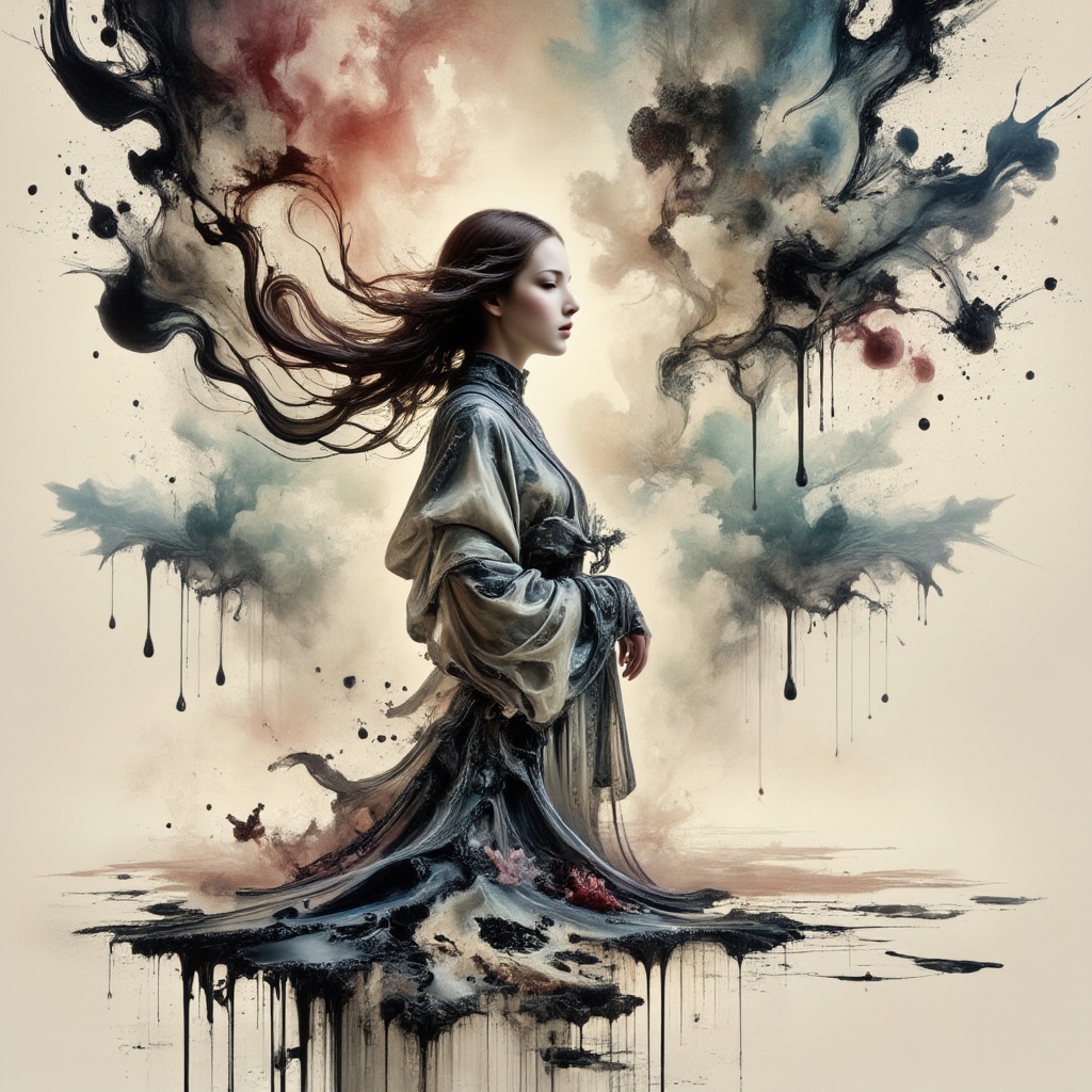 A Lady's Melancholy: A hauntingly beautiful portrait of a lady with an ethereal,  ink-abstract costume,  set against a sur...