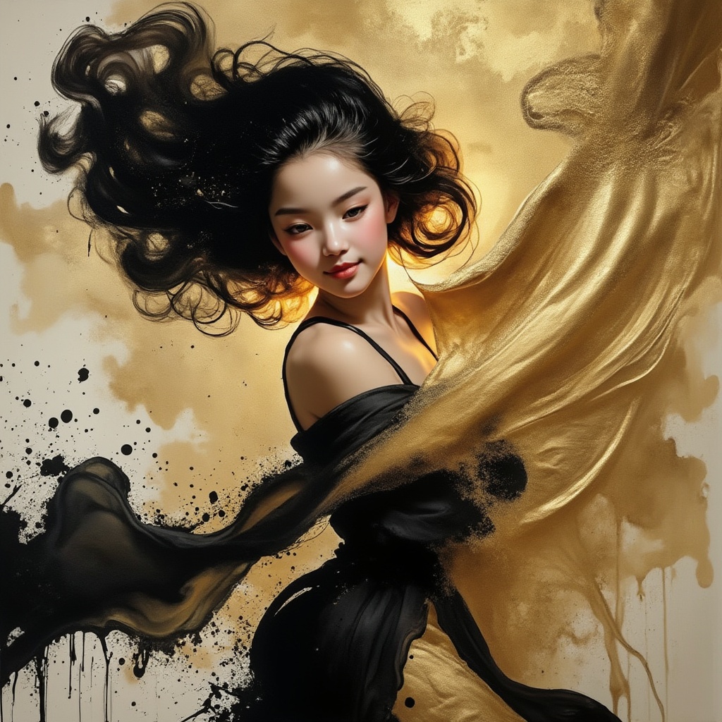 A stunningly rendered portrait of a dancing girl,  her photorealistic features illuminated by soft,  golden light. Her rav...