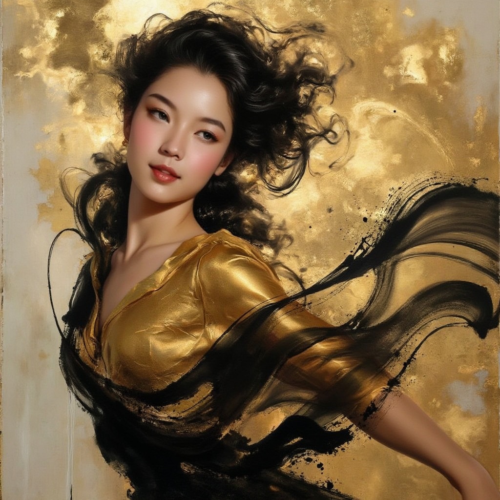 A stunningly rendered portrait of a dancing girl,  her photorealistic features illuminated by soft,  golden light. Her rav...