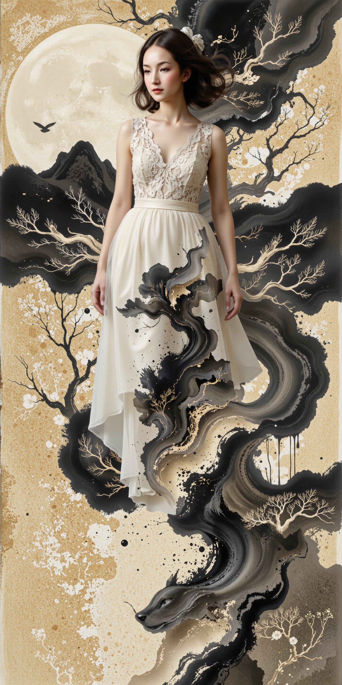 Surreal digital illustration painting in the style of Asa CHEN,  image view,  beautiful girl in a gauze dress on Tensor.Art