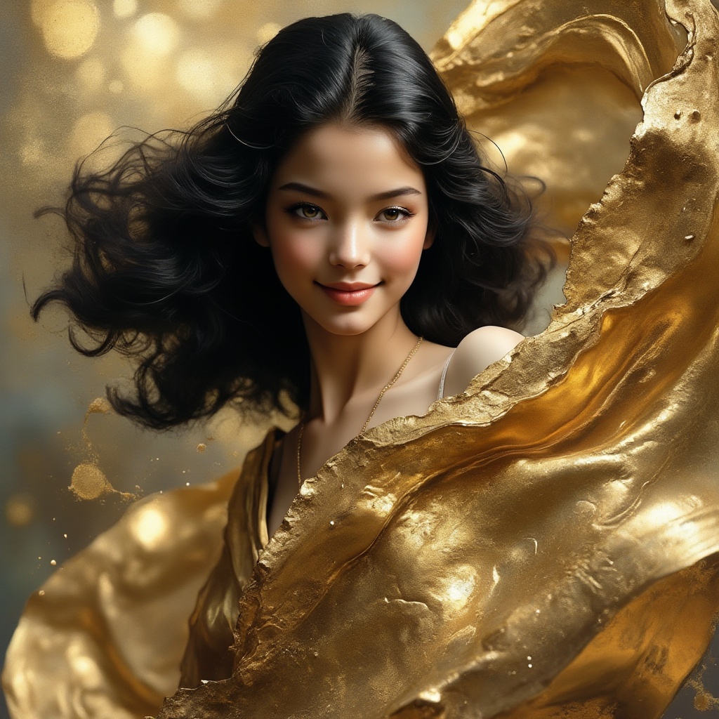 A stunningly rendered portrait of a dancing girl,  her photorealistic features illuminated by soft,  golden light. Her rav...