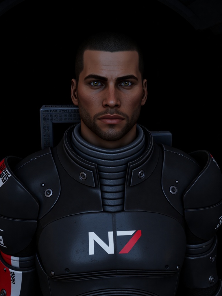 a close-up shot captures a man com6hepardt in a black space suit,  adorned with the letters "N7" in white lettering. The s...