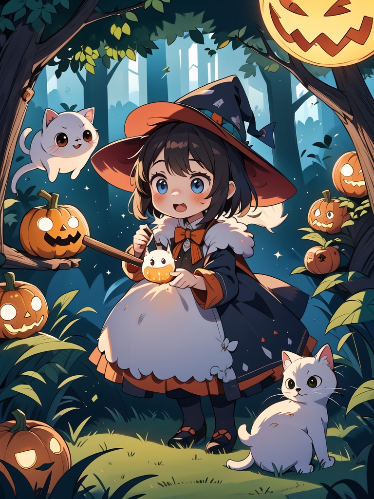 Amidst the enchanting shadows of a haunted forest,  a charming girl dressed as a tiny witch,  her costume adorned with gli...
