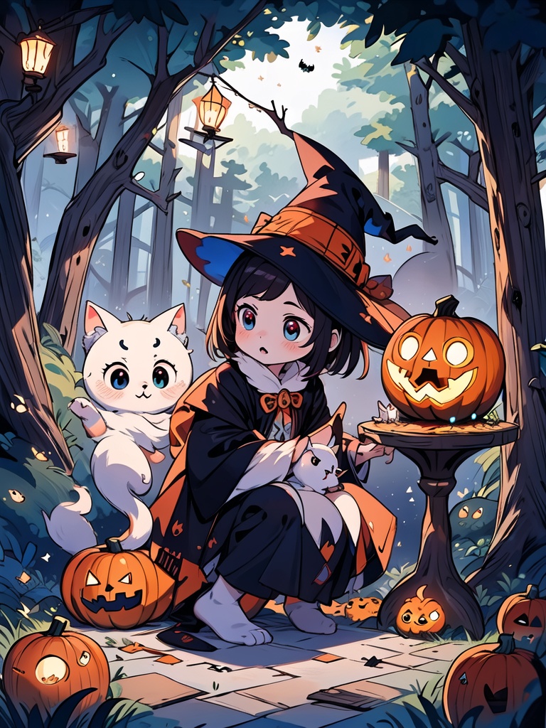 Amidst the enchanting shadows of a haunted forest,  a charming girl dressed as a tiny witch,  her costume adorned with gli...