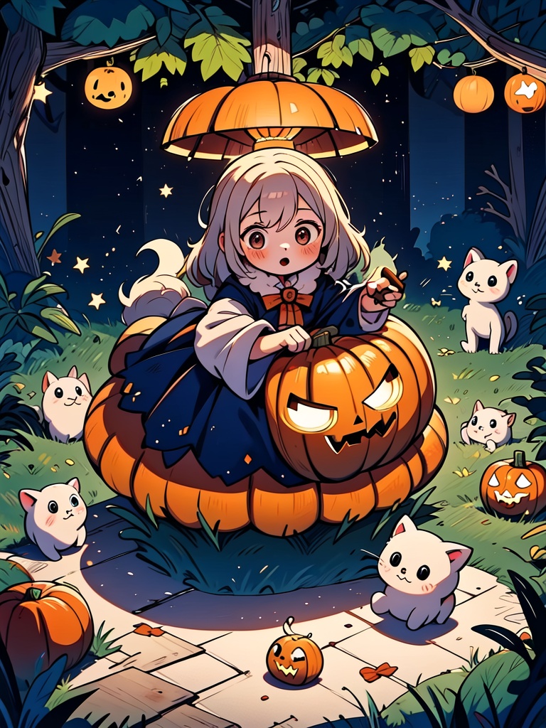 Amidst the enchanting shadows of a haunted forest,  a charming girl dressed as a tiny witch,  her costume adorned with gli...