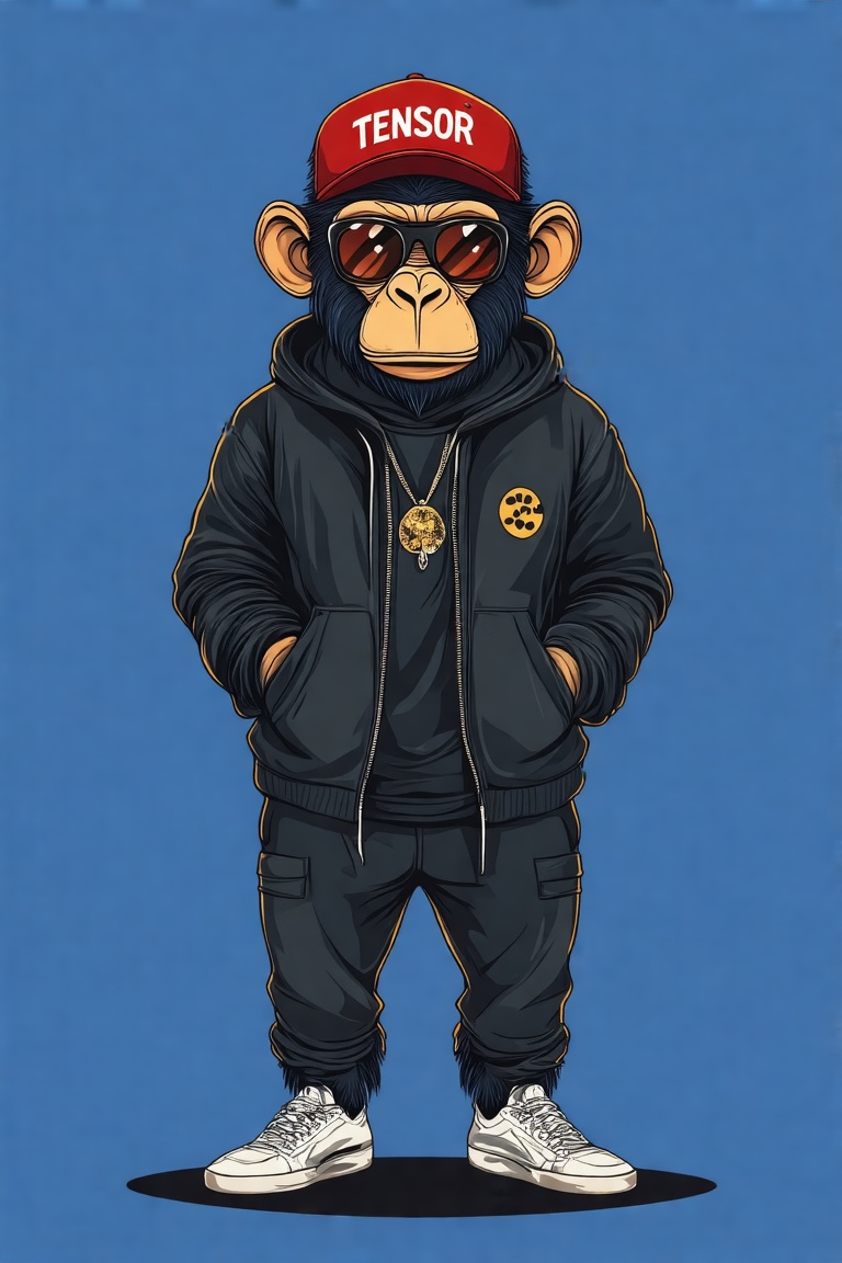 Vector art of an anthropomorphic monkey,  wearing casual wear,  a cap with the text TENSOR on Tensor.Art
