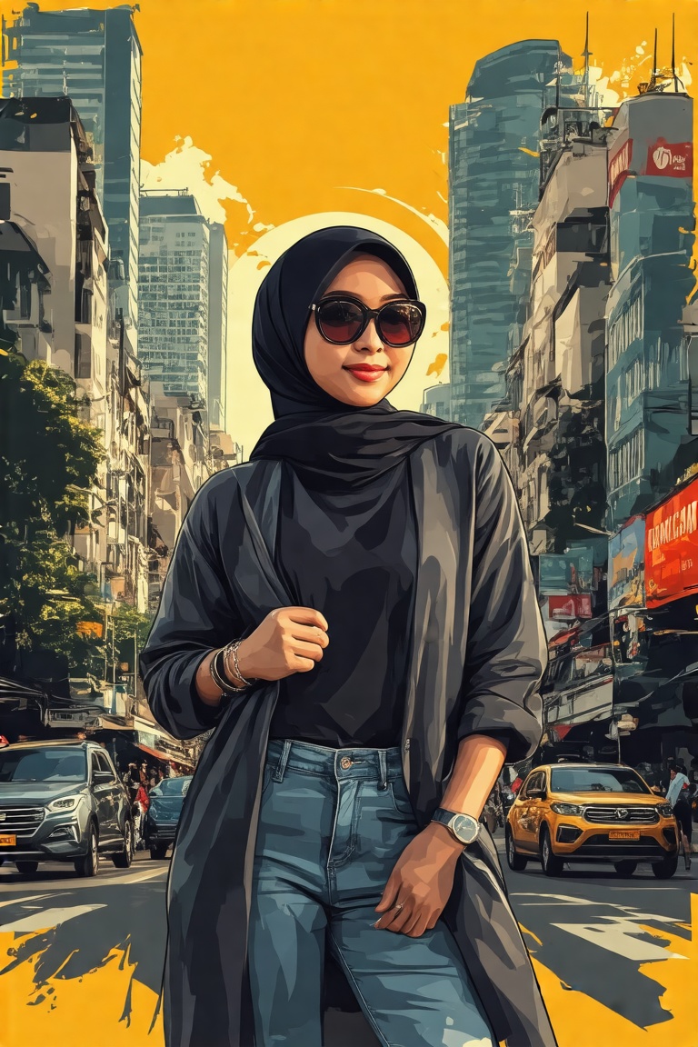 Vector art of a Malay woman,  wearing a hijab,  sunglasses on Tensor.Art