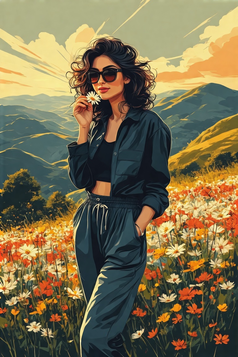Vector art of a woman with wavy hair,  wearing sunglasses and casual wear,  standing amidst a field of flowers on a hill....