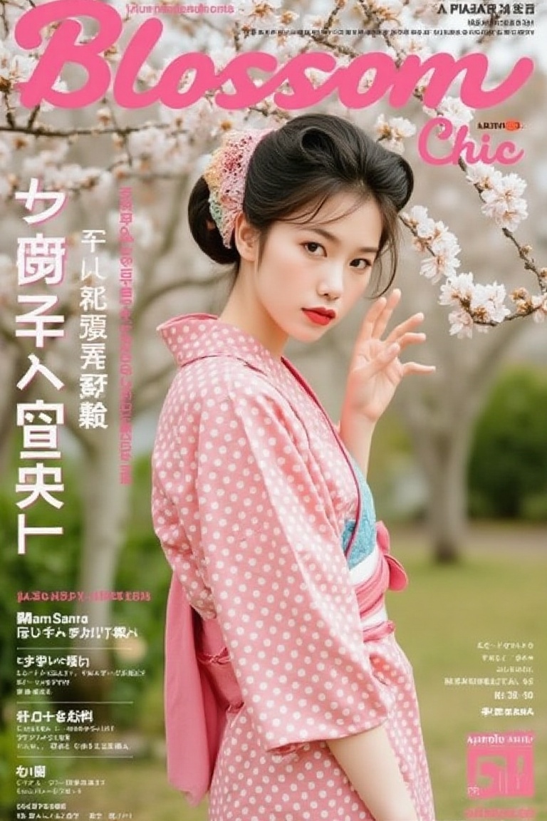 vintage_magz,  “Blossom Chic” in bold serif,  young Japanese girl in a 1950s polka dot yukata on Tensor.Art