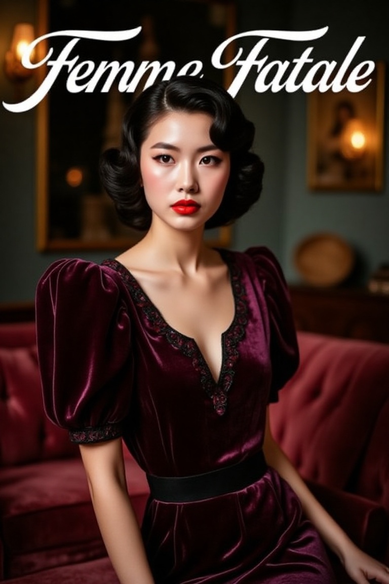 vintage_magz,  “Femme Fatale” in a dramatic cursive font highlights a young woman wearing a velvet 1930s dress with a deep...
