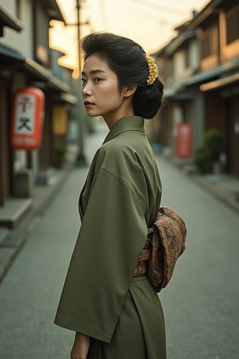 vintage_magz,  “Vintage Serenity” in thin sans-serif,  young Japanese girl in a tailored 1940s haori with obi on Tensor.Art