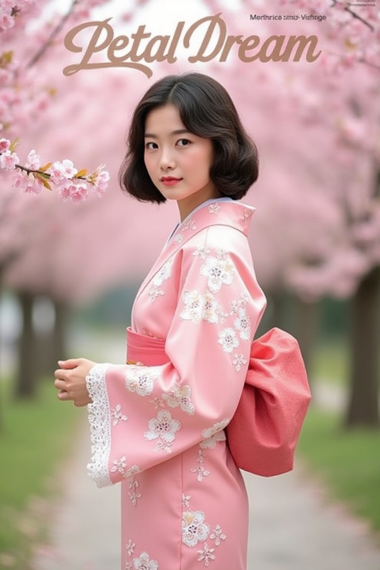 vintage_magz,  “Petal Dream” in italic serif,  young Japanese girl in a 1950s tea-length kimono with lace details on Tenso...