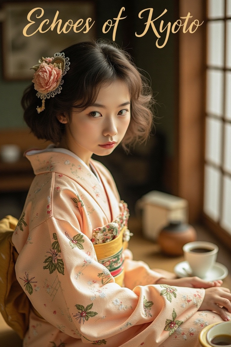 vintage_magz,  “Echoes of Kyoto” in Art Deco font,  young Japanese girl in a 1920s-inspired kimono with embroidered patter...
