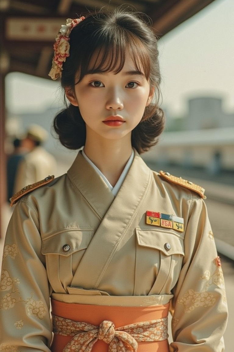 vintage_magz,  “Resilient Grace” in bold serif,  young Japanese girl in a 1940s military-inspired kimono on Tensor.Art