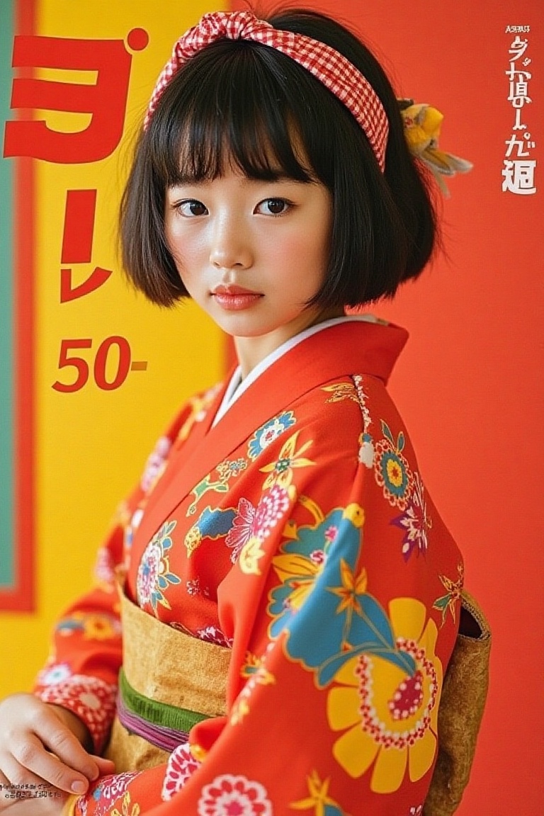 vintage_magz,  “Vibrant Retro” in playful vintage font,  young Japanese girl in a 1960s brightly colored kimono on Tensor.Art