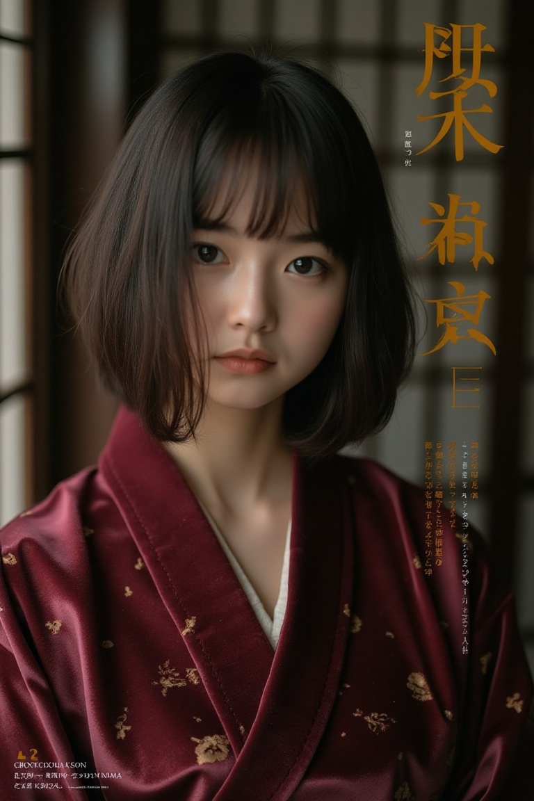 vintage_magz,  “Mystic Elegance” in dramatic cursive,  young Japanese girl in a velvet kimono with a deep neckline on Tens...