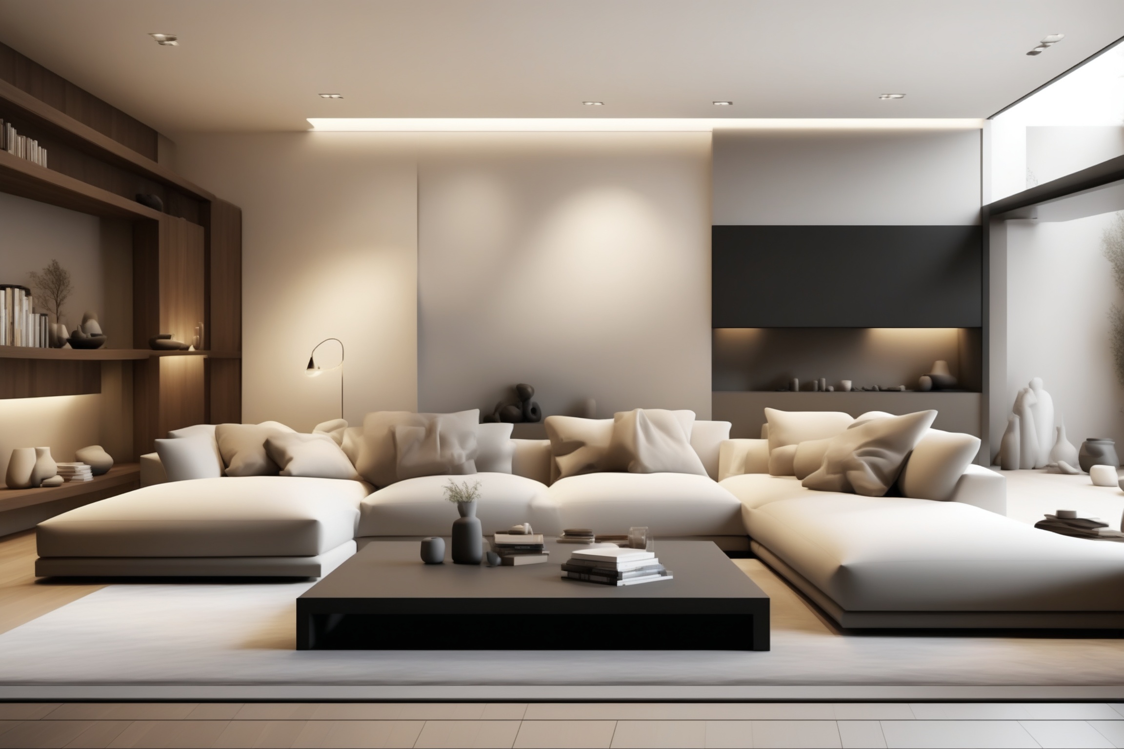 This image shows a modern style living room with a simple yet comfortable space. The sofa area is the focus of the entire...