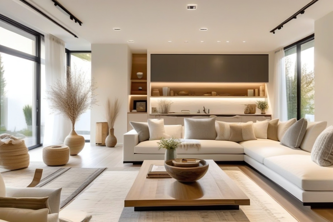 This image shows a modern style living room with a simple yet comfortable space. The sofa area is the focus of the entire...