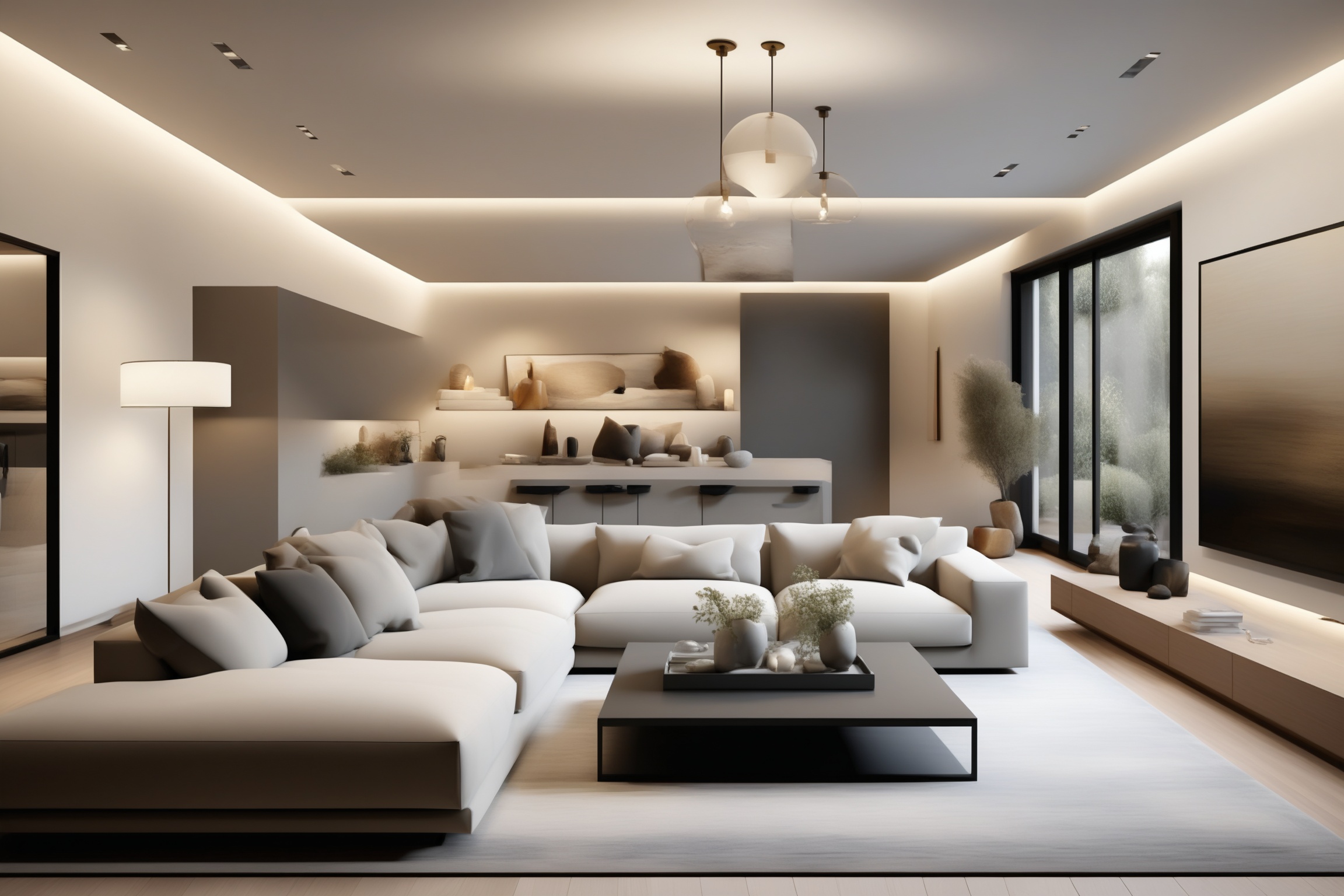 This image shows a modern style living room with a simple yet comfortable space. The sofa area is the focus of the entire...
