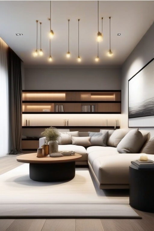This image shows a modern style living room with a simple yet comfortable space. The sofa area is the focus of the entire...
