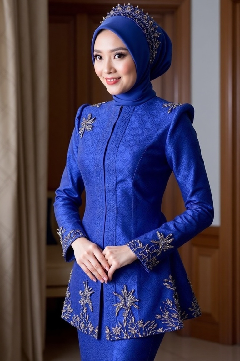 A Malay bride in a royal blue Songket gown,  wearing a plain hijab,  standing elegantly in a traditional setting. The gown...