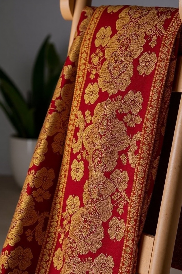 A vibrant Songket textile with intricate floral and cloud patterns,  draped elegantly over a wooden frame. The fabric is r...