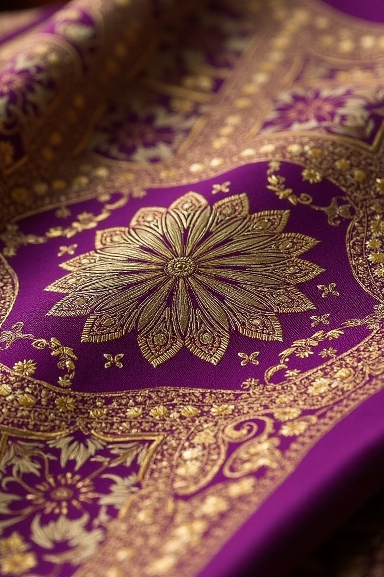 A close-up shot of a Songket textile with intricate floral patterns in gold and purple threads,  intricately woven togethe...