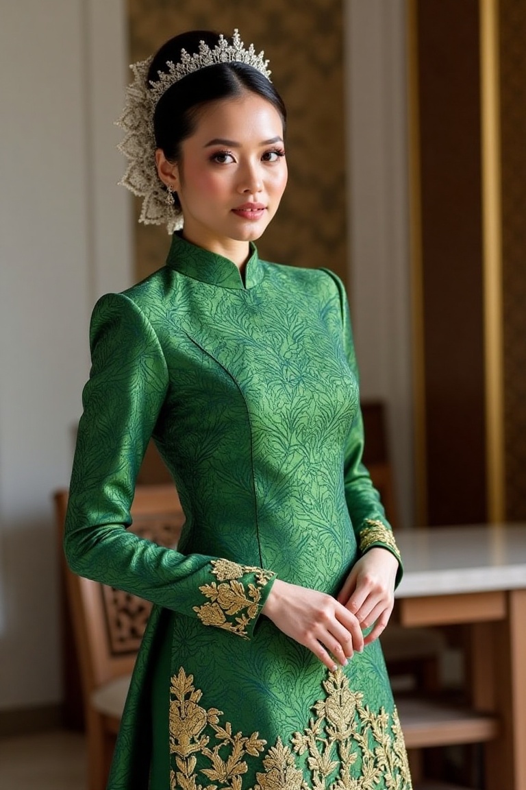 A Malay woman wearing a vibrant green Songket dress with intricate floral patterns,  standing gracefully in a traditional...