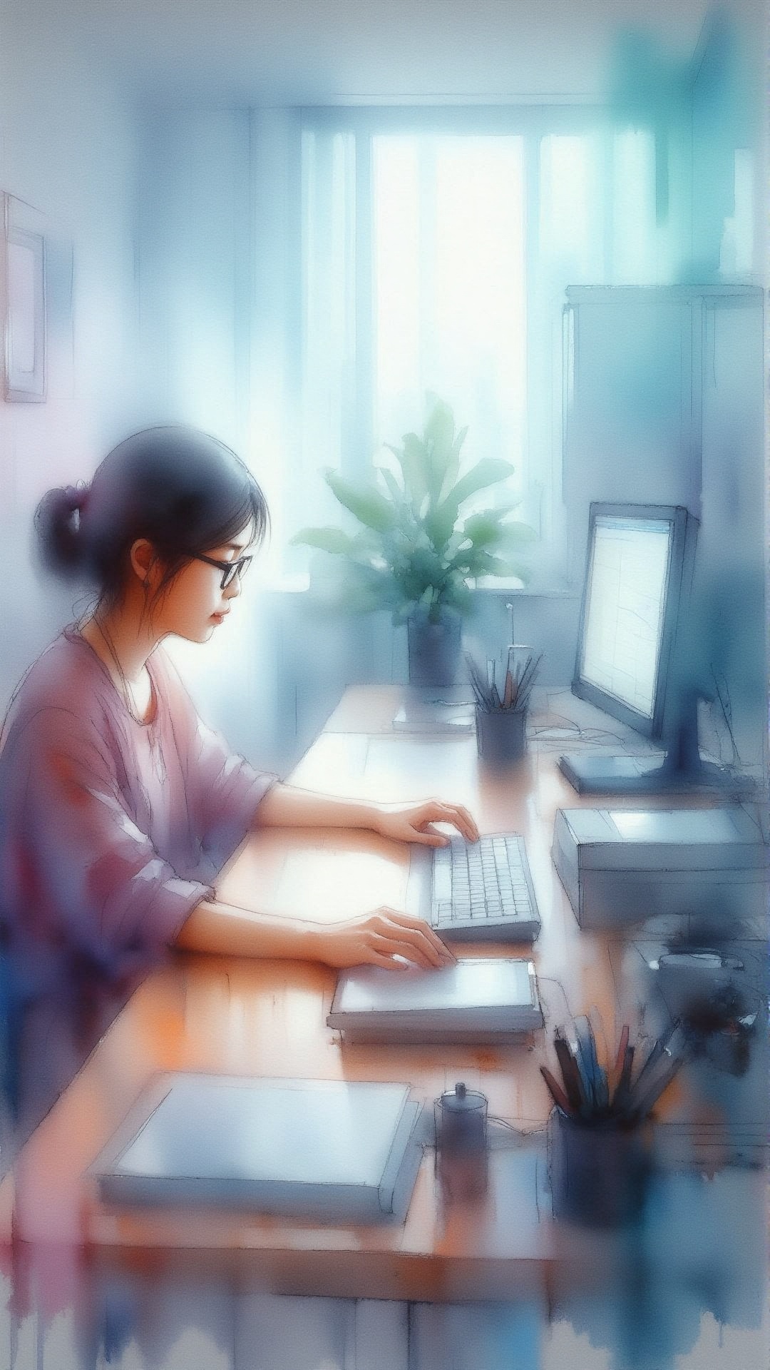 In the office,  a 20-year-old Asian woman,  wearing a one-piece dress and glasses on Tensor.Art