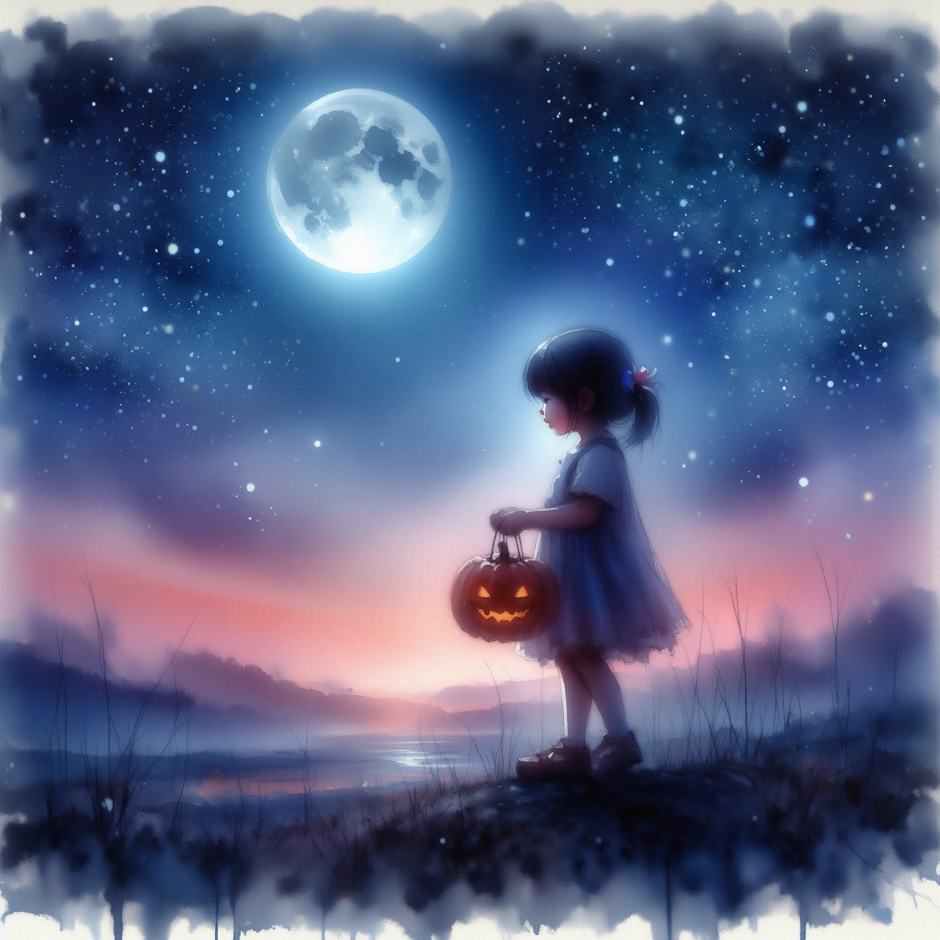 cute little girl holding a pumpkin lantern at night,  dreamy night sky,  gentle moonlight on Tensor.Art