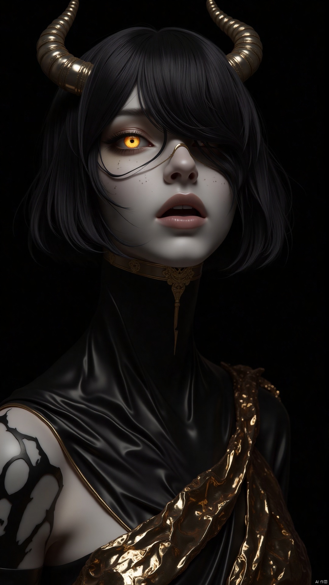 solo, short hair, open mouth, black hair, 1girl, yellow eyes, horns, colored skin, black background, portrait, gold, black skin