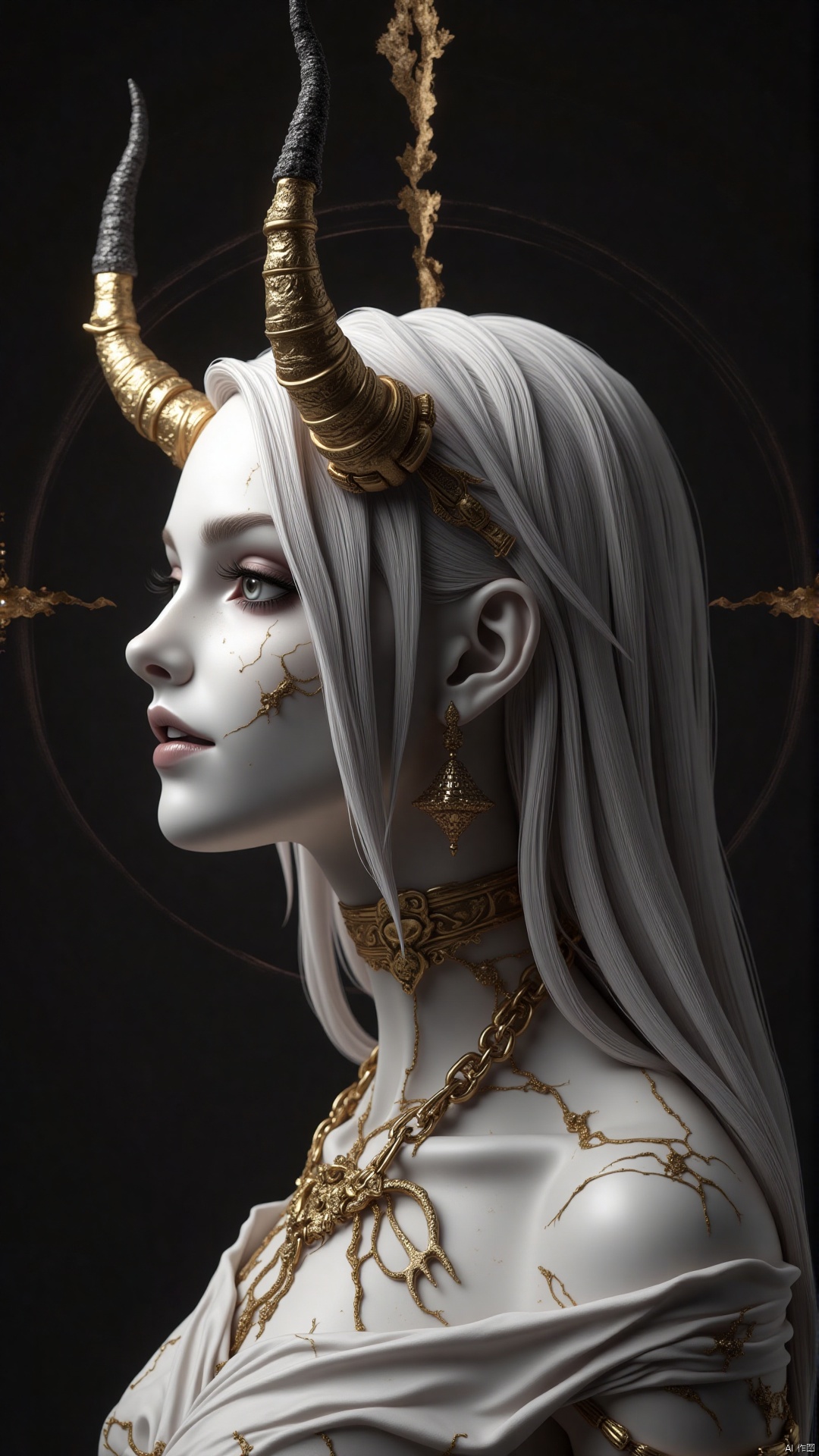 A demon girl with long hair and bare shoulders poses solo in profile. Her piercing gaze is framed by demon horns adorned with jewelry, including a chain that wraps around her neck. Earrings dangle from her ears as she gazes confidently ahead, the crack of darkness behind her contrasting with her radiant presence.