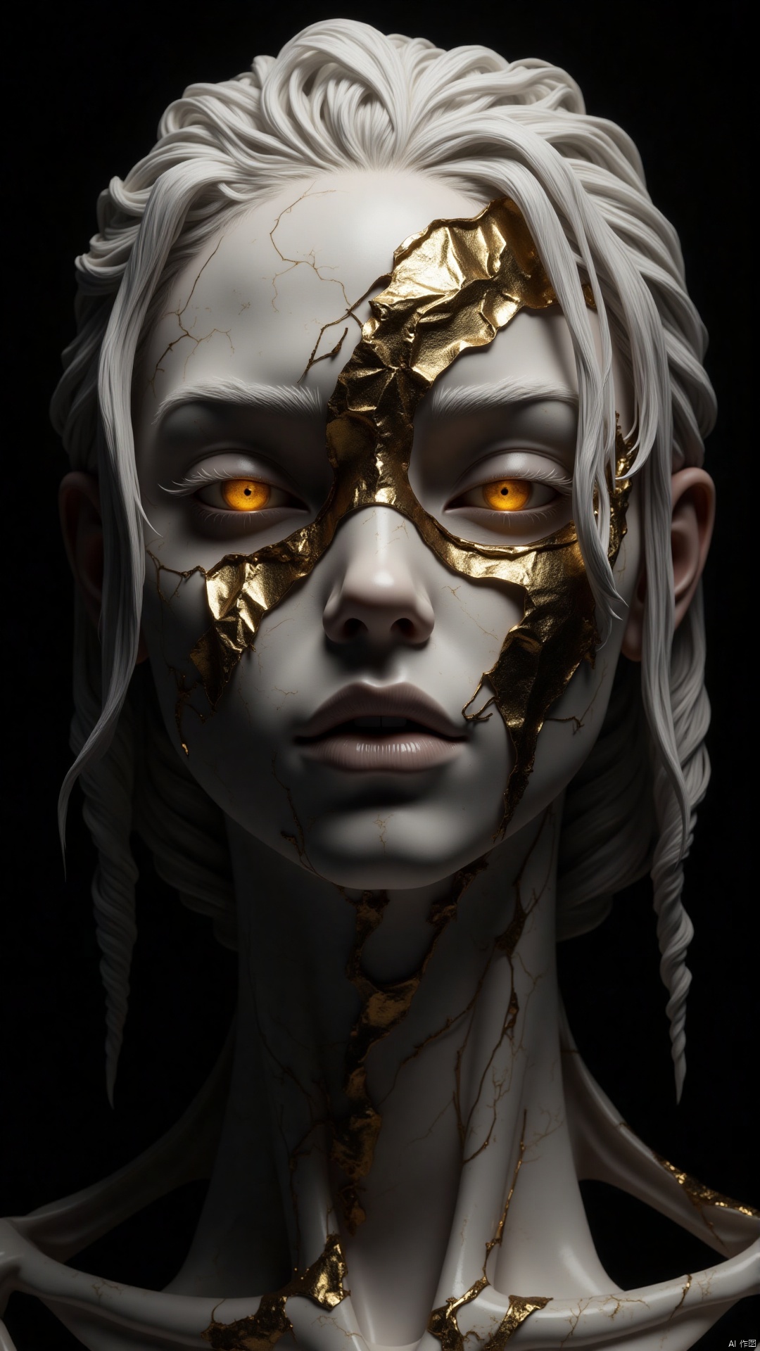 1girl, solo, looking at viewer, simple background, yellow eyes, white hair, mask, glowing, black background, portrait, glowing eyes, crack, cracked skin