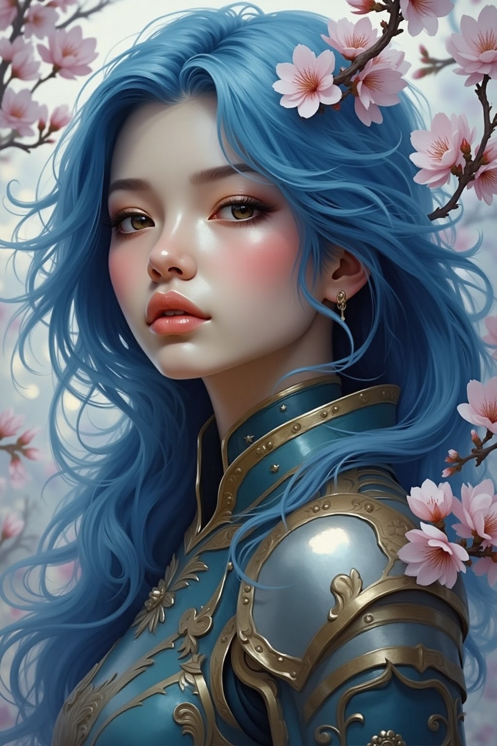 Potrait of a A beautiful stunning super model,  blue hair girl wear shiny glossy ceramic armour plating-style with sakura...