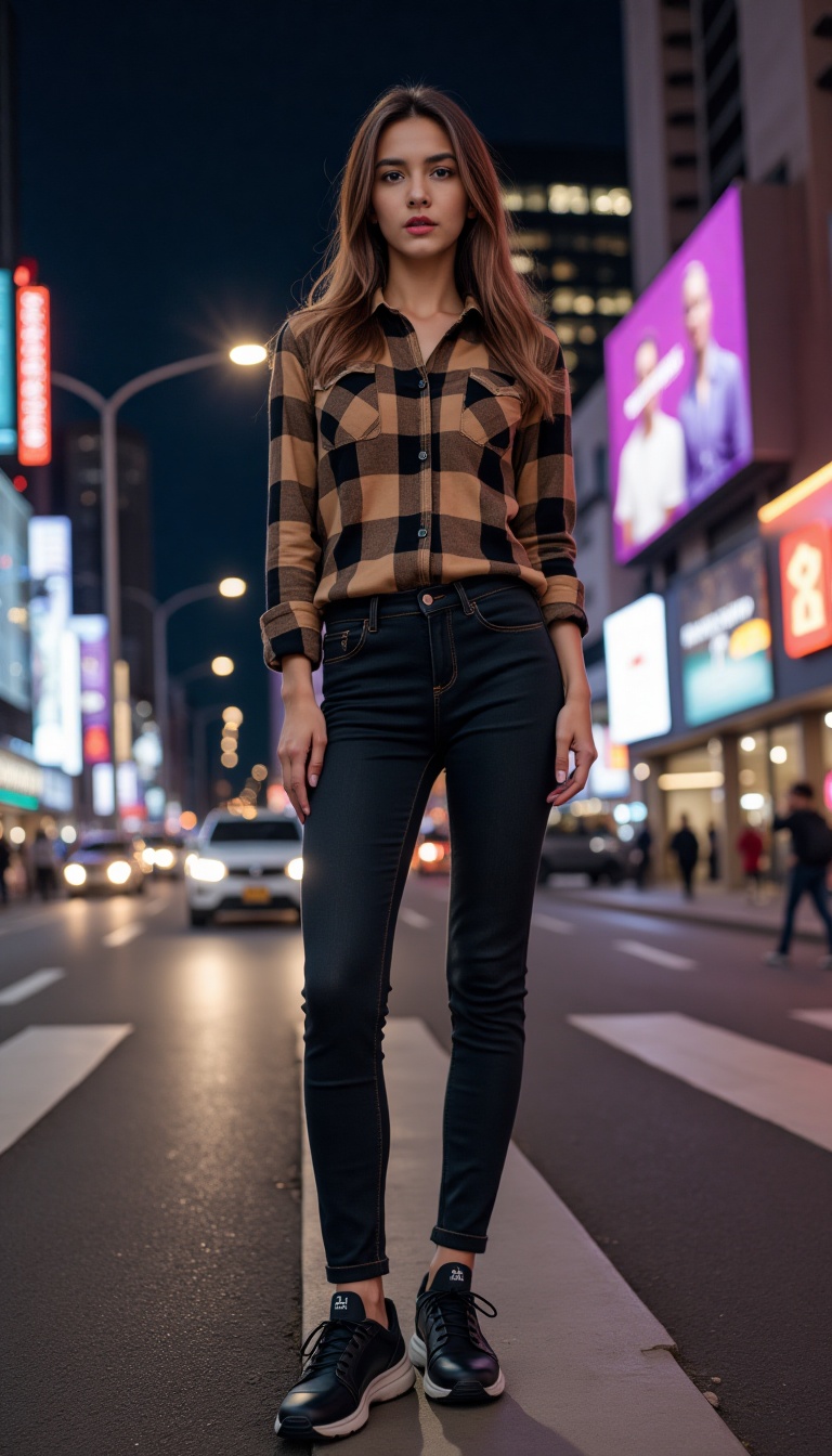 A woman stands confidently on a bustling city street at night,  her plaid shirt and sleek sneakers making a striking combi...