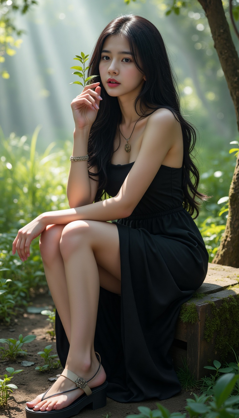 In a misty clearing,  a girl sits contemplatively on a moss-covered wooden bench,  her raven-black hair flowing down her b...