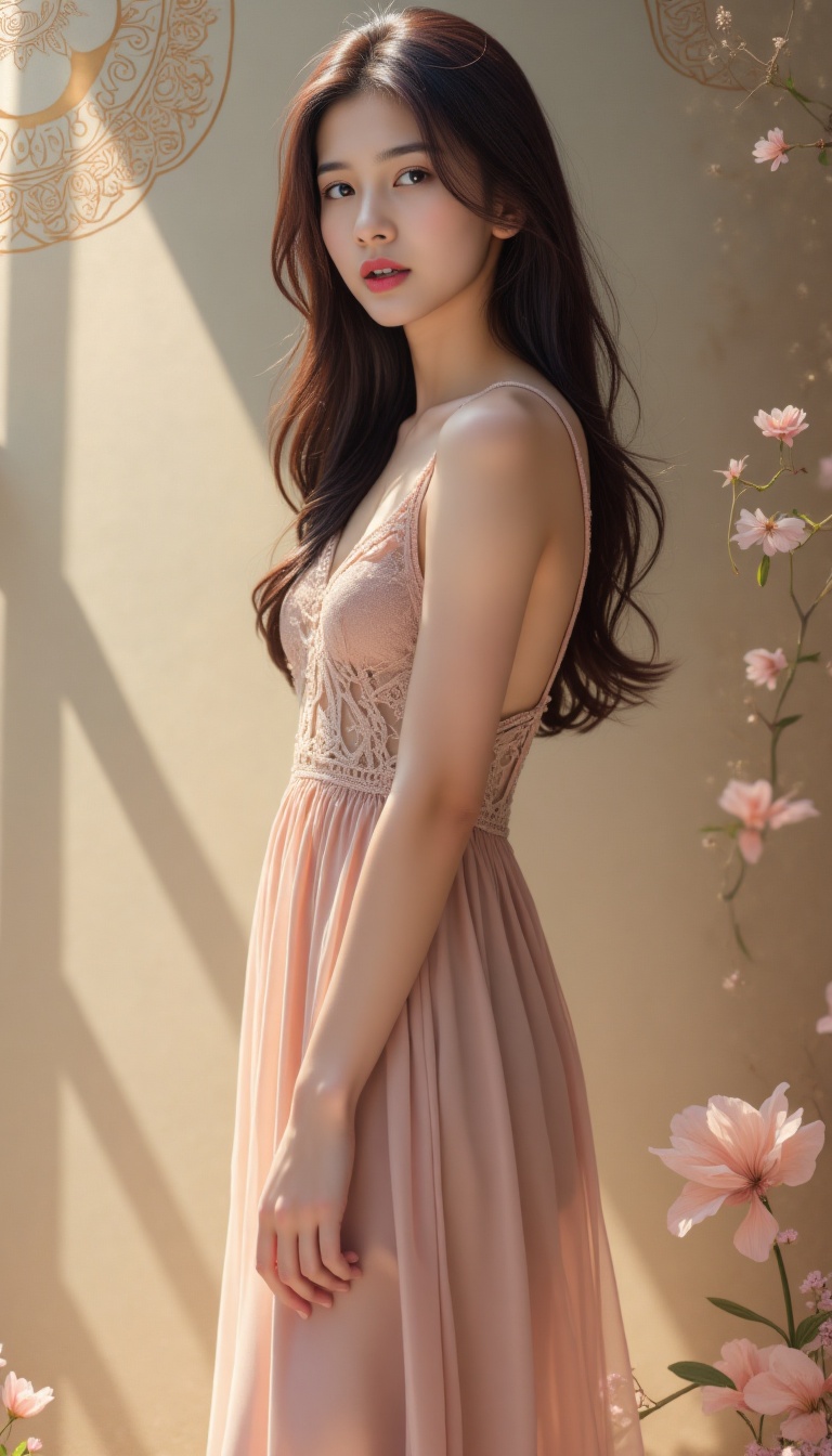 A stunning 8K UHD photograph of a young woman in a long dress,  posed against a subtle gradient background with intricate...