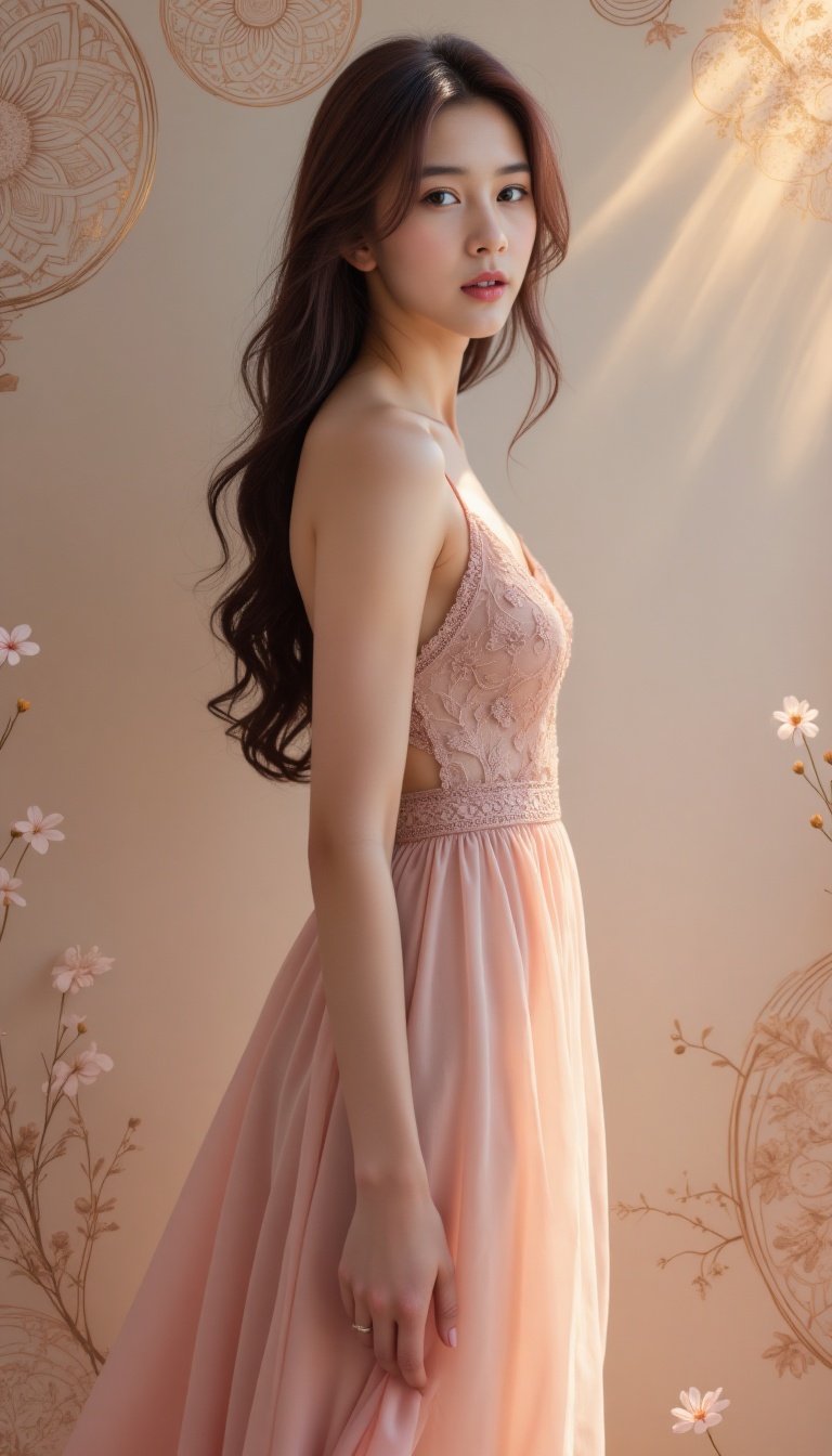 A stunning 8K UHD photograph of a young woman in a long dress,  posed against a subtle gradient background with intricate...