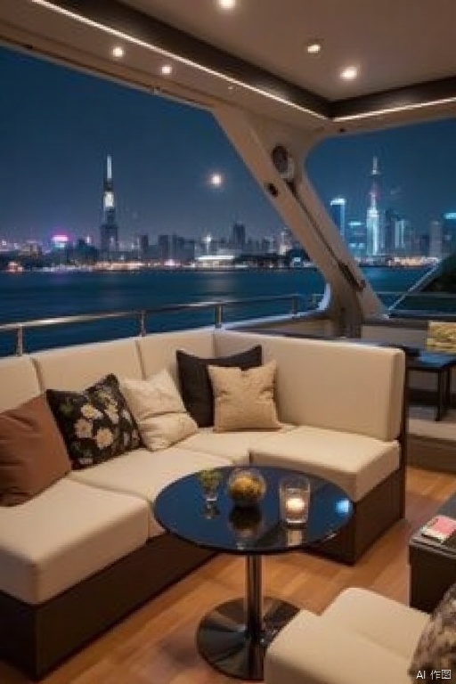Interior of the cruise ship,Captured from a high-angle perspective on a boat at night,a view of a city skyline is visible through a large window. The boat's interior features a sofa set with cushions on it