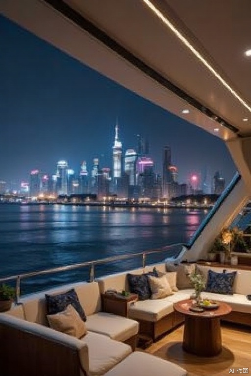 Interior of the cruise ship,Captured from a high-angle perspective on a boat at night,a view of a city skyline is visible through a large window. The boat's interior features a sofa set with cushions on it