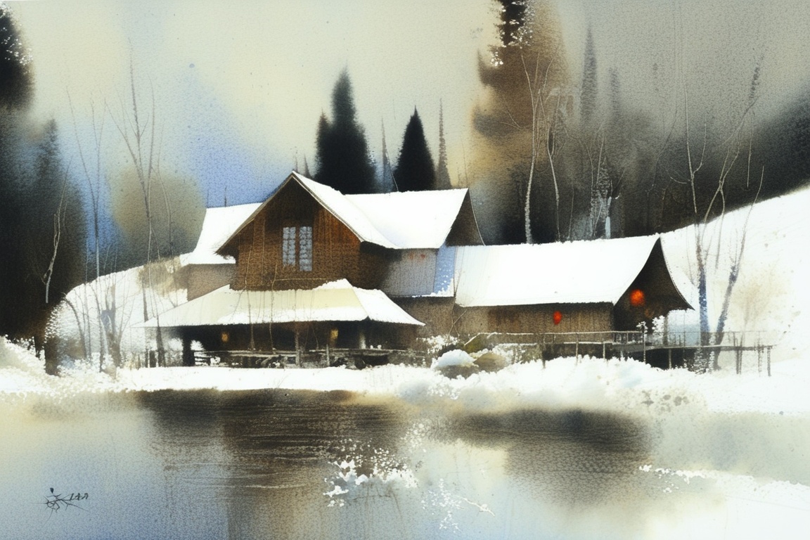 ((IKE_Chien C Wei water color)).Watercolor painting of a wooden church inspired by Shigeru Ban's architectural design,  se...
