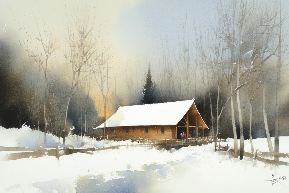 ((IKE_Chien C Wei water color)).Watercolor painting of a wooden church inspired by Shigeru Ban's architectural design,  se...