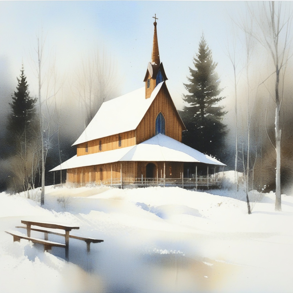 Watercolor painting of a wooden church inspired by Shigeru Ban's architectural design,  set on a snowy day. The church fea...