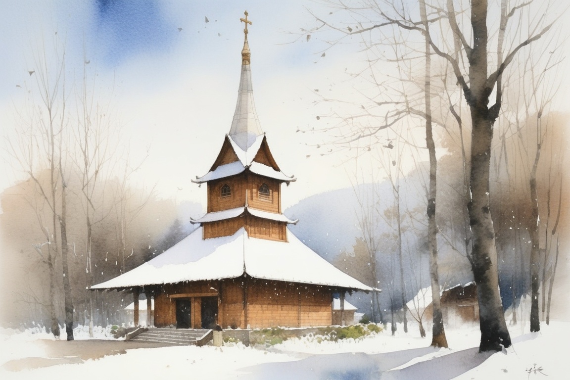 ((IKE_Chien C Wei water color)).Watercolor painting of a wooden church inspired by Shigeru Ban's architectural design,  se...