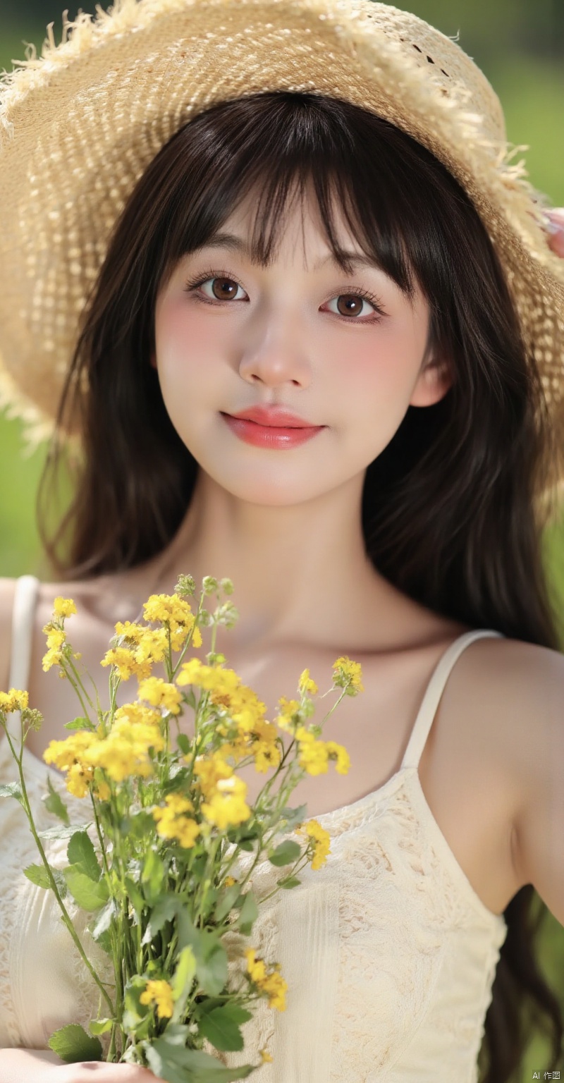 (person with straw hat,beige top,lace detail,long dark hair,beautiful detailed eyes,beautiful detailed lips,extremely detailed eyes and face,long eyelashes,smiling,standing in a sunlit meadow,holding a bouquet of wildflowers,soft sunlight,gentle breeze,blurred background,realistic,photorealistic:1.37,best quality,4k,8k,highres,masterpiece:1.2,ultra-detailed,HDR,UHD,studio lighting,ultra-fine painting,sharp focus,physically-based rendering,extreme detail description,professional,vivid colors,bokeh,summer vibe,warm tones,soft shadows,peaceful atmosphere)