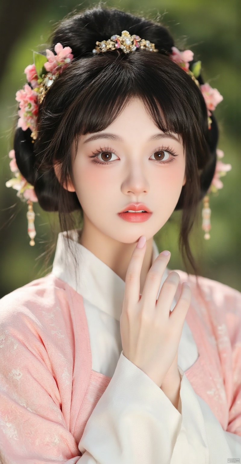 rjyaningu,(person in traditional attire,pink and white robe,intricate patterns,elaborate hair styling,flowers and accessories,blurred natural background,outdoor environment,beautiful detailed eyes,beautiful detailed lips,extremely detailed eyes and face,long eyelashes,oriental style,flowing robes,delicate jewelry,soft lighting,serene atmosphere,best quality,4k,8k,highres,masterpiece:1.2,ultra-detailed,realistic:1.37,photo-realistic,studio lighting,ultra-fine painting,sharp focus,physically-based rendering,extreme detail description,professional,vivid colors,bokeh,photography,portrait),