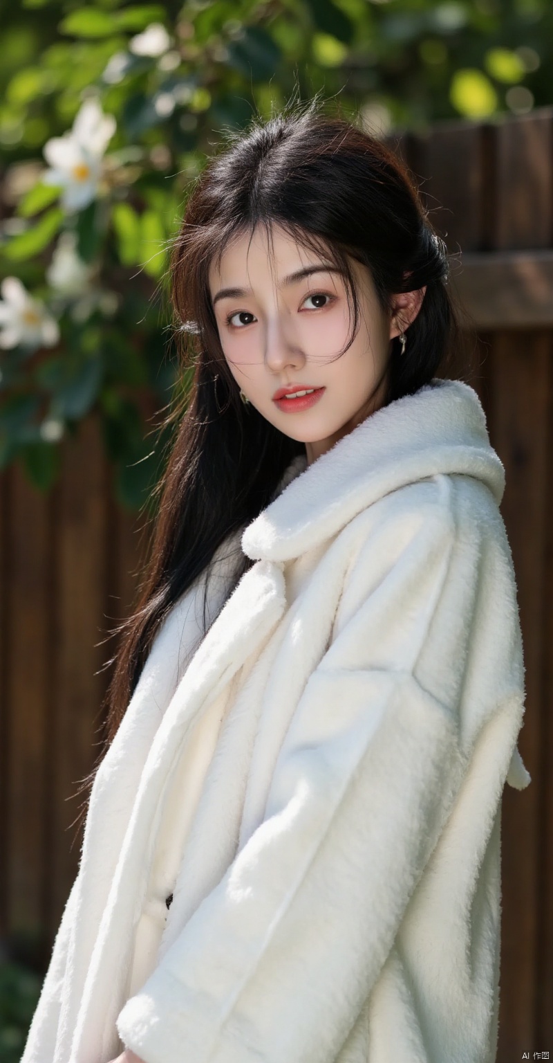 hxseiaohu,(best quality,4k,8k,highres,masterpiece:1.2),ultra-detailed,(realistic,photorealistic,photo-realistic:1.37),white fluffy coat,long dark hair,wooden background,sunny day outdoors,beautiful detailed eyes,beautiful detailed lips,extremely detailed eyes and face,long eyelashes,smiling gently,standing gracefully,soft sunlight,gentle breeze,green leaves,flowers in the background,calm and serene expression,flowing hair,relaxed posture,soft shadows,cozy atmosphere,warm colors,natural lighting,bokeh,sharp focus,physically-based rendering,extreme detail description,professional,vivid colors,summer vibe,