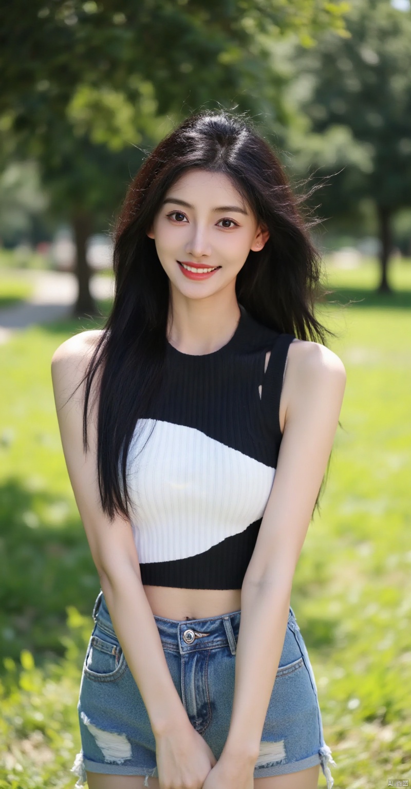 jjyiniaue,(woman outdoors,black and white top,blue shorts,long dark hair,smiling),beautiful detailed eyes,beautiful detailed lips,extremely detailed eyes and face,long eyelashes,relaxed pose,standing in a park,sunny day,green grass,trees in background,soft shadows,(best quality,4k,8k,highres,masterpiece:1.2),ultra-detailed,(realistic,photorealistic,photo-realistic:1.37),HDR,studio lighting,sharp focus,physically-based rendering,extreme detail description,professional,vivid colors,bokeh,summer atmosphere,casual outfit,joyful expression,natural light,portrait photography,