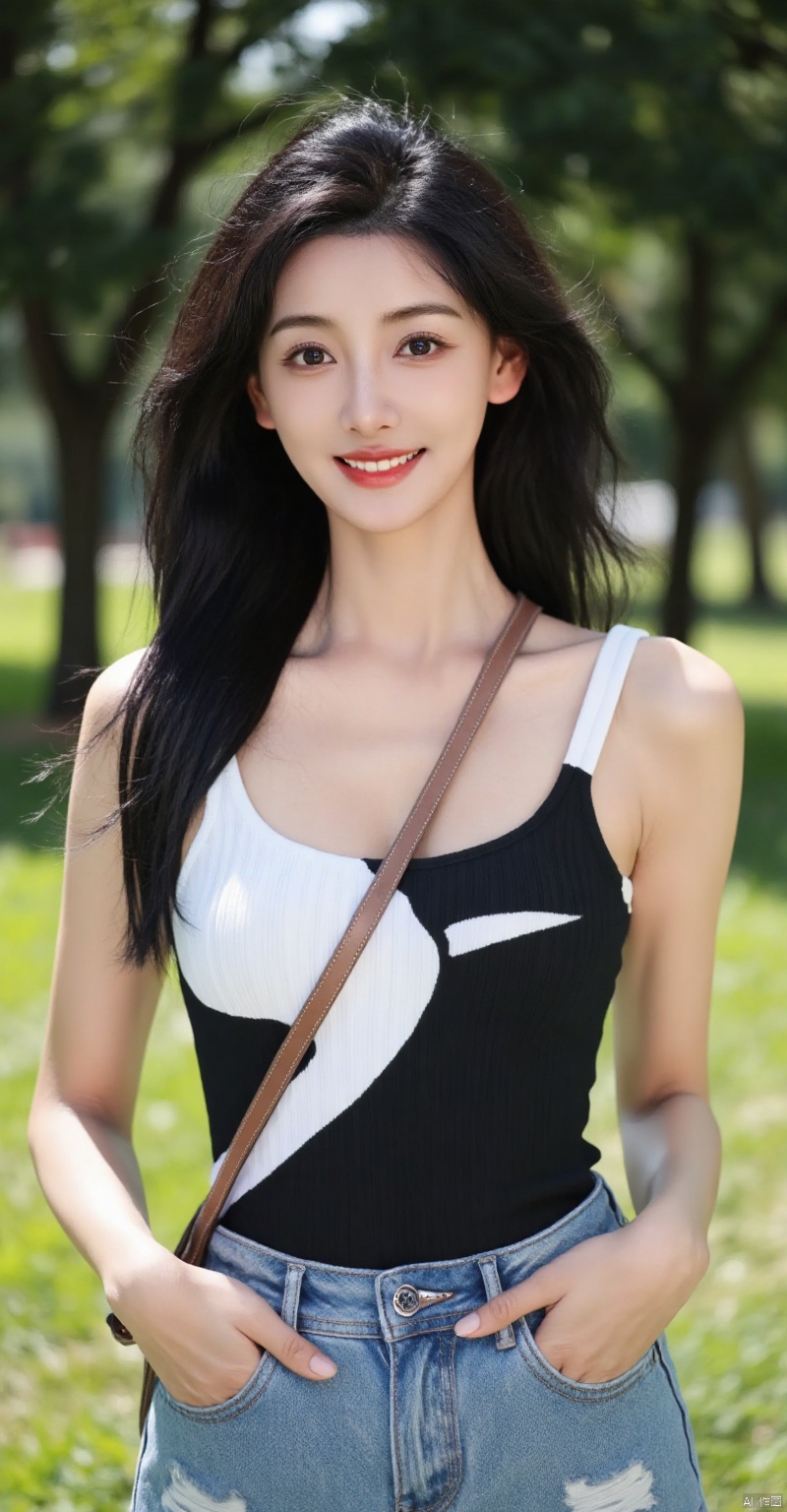 jjyiniaue,(woman outdoors,black and white top,blue shorts,long dark hair,smiling),beautiful detailed eyes,beautiful detailed lips,extremely detailed eyes and face,long eyelashes,relaxed pose,standing in a park,sunny day,green grass,trees in background,soft shadows,(best quality,4k,8k,highres,masterpiece:1.2),ultra-detailed,(realistic,photorealistic,photo-realistic:1.37),HDR,studio lighting,sharp focus,physically-based rendering,extreme detail description,professional,vivid colors,bokeh,summer atmosphere,casual outfit,joyful expression,natural light,portrait photography,